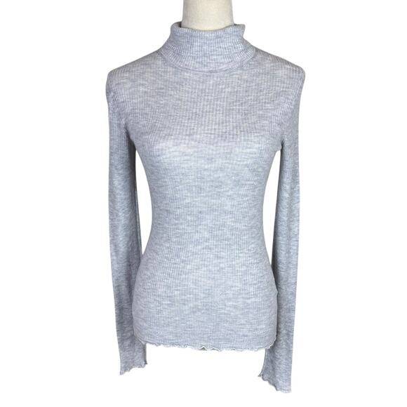 Vince Gray Ribbed Lettuce Hem Long Sleeve Cashmere Blend Knit Turtleneck Sweater - Picture 1 of 12